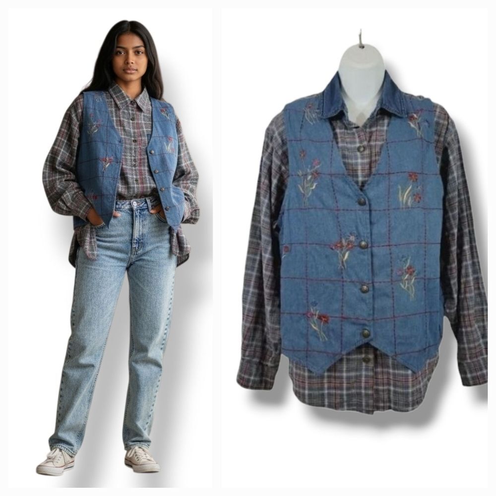 Vintage 2PC Casey & Max Chambray Button Down Shirt and Vest Coord Set Size M